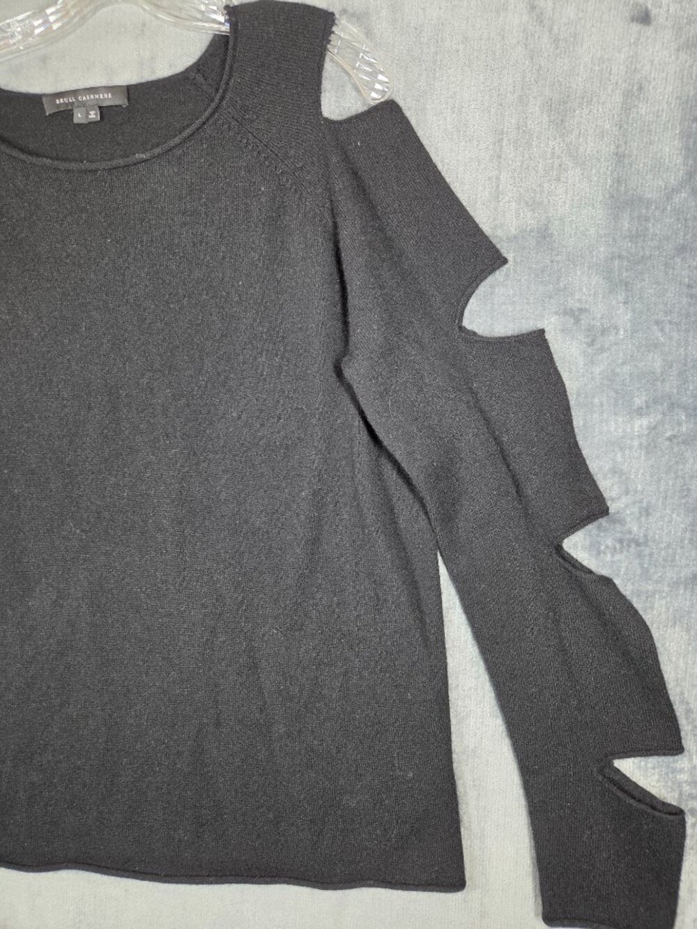 Skull Cashmere Sweater Womens Sz L Black Crew Cut Out Sleeve Cold Shoulder Goth - Picture 3 of 9